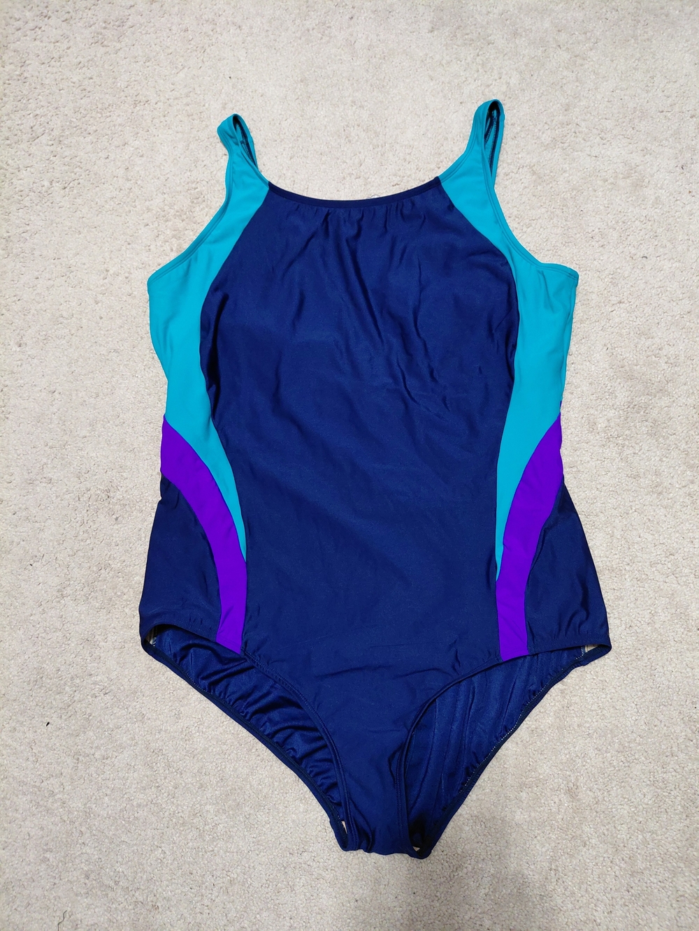 Women’s Navy One-Piece Swimsuit with Teal and Purple Accents NWT